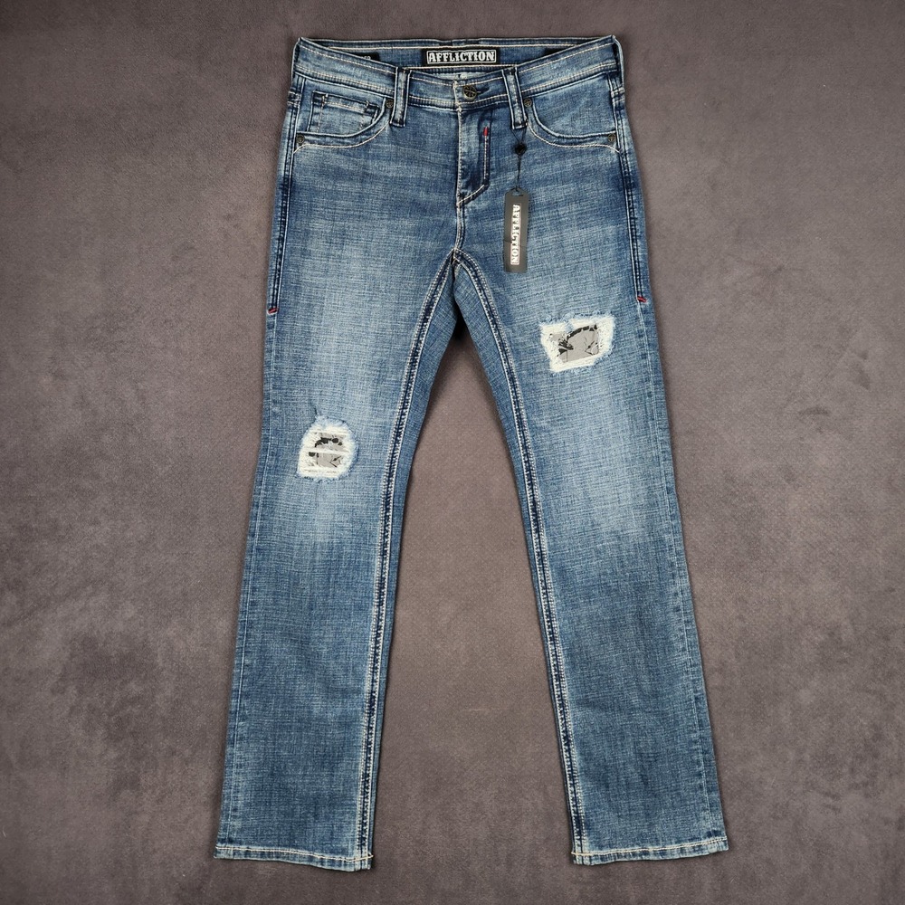 Affliction Cooper Devin Jeans Mens 30 Blue Distressed Straight Leg 110CS125 NEW